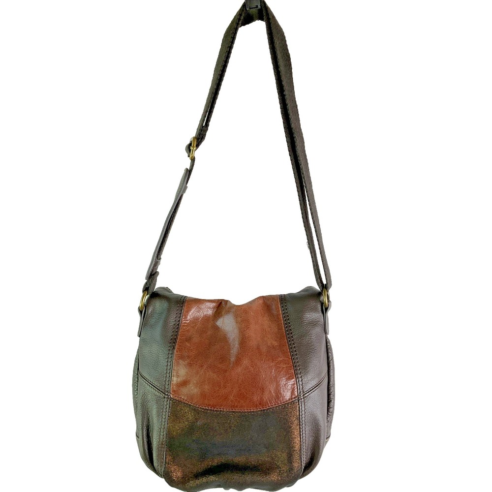 The Sak Deanna Leather Metallic Brown Hobo Boho Patchwork Shoulder Bag Purse - Picture 2 of 11